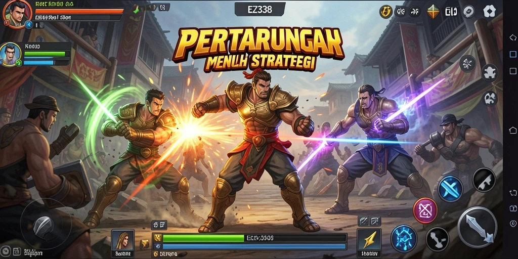 Tampilan gameplay EZ338 dengan pertarungan seru dan karakter beragam.