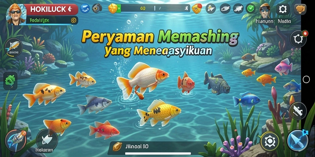 Tampilan gameplay HOKILUCK dengan memancing ikan di lokasi indah.