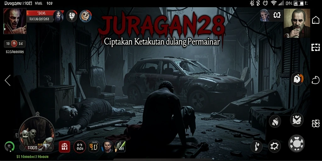 Screenshot gameplay JURAGAN28 menampilkan suasana mencekam dan karakter menyeramkan.
