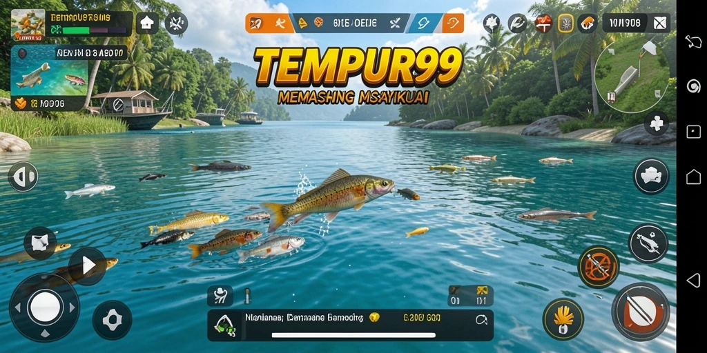 Screenshot TEMPUR99 menampilkan aktivitas memancing yang mendebarkan di berbagai lokasi indah.